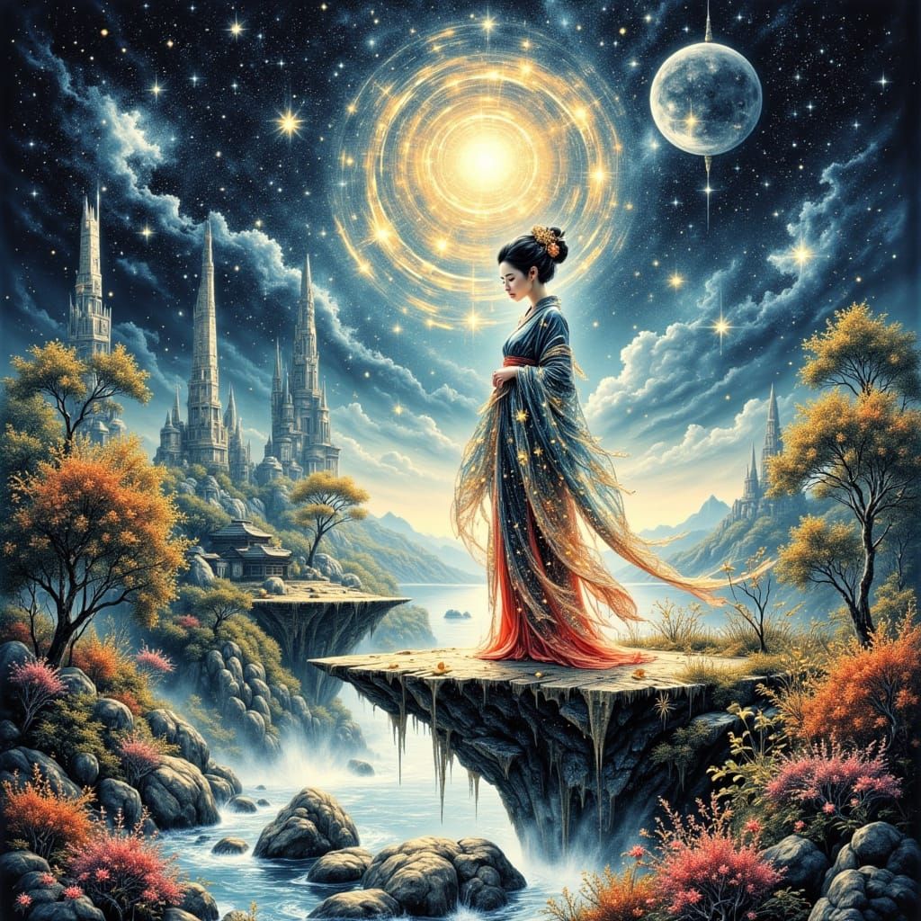 Ethereal Geisha in Cosmic Garden, Hyperrealistic Ink