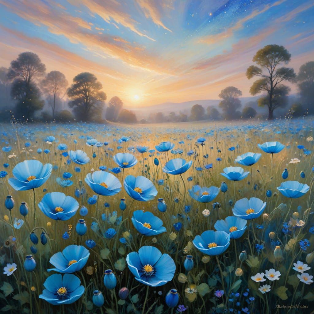 Blue Poppy Field: An Impressionistic Twilight Dreamscape