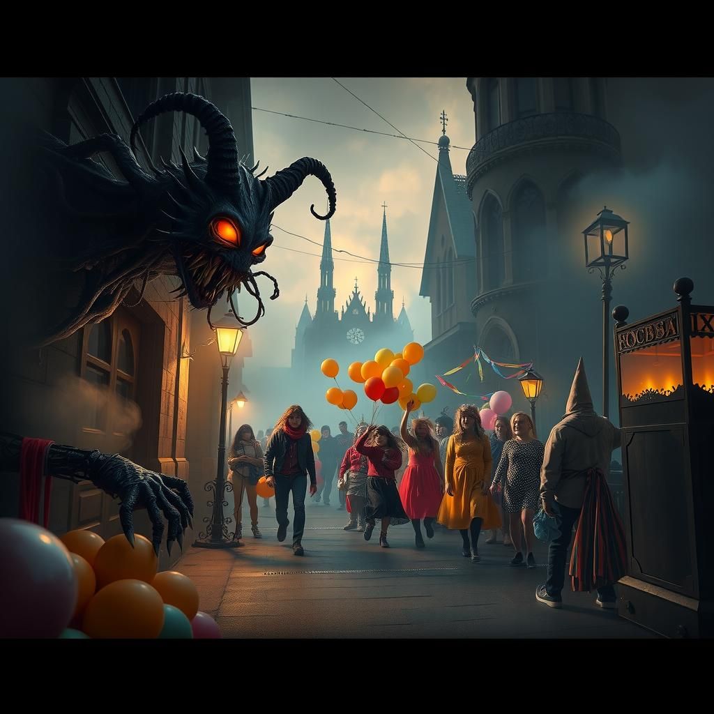 Macabre Halloween Creatures Lurking on Foggy Street