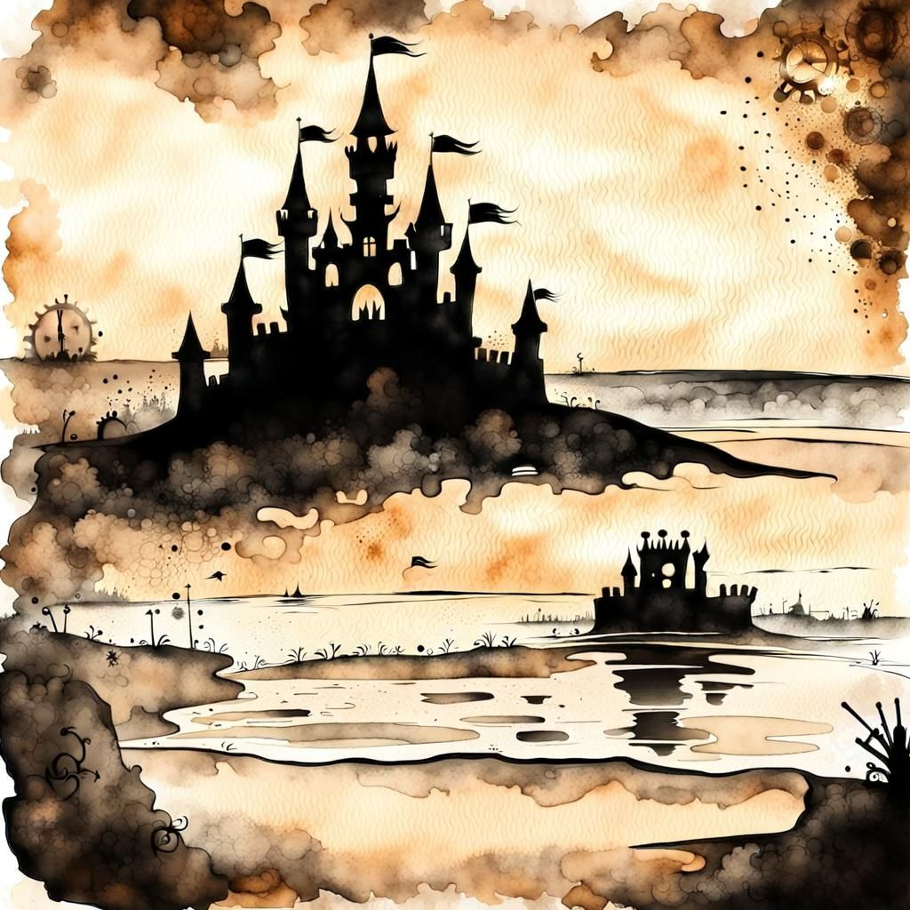 Silhouetted Sandcastle on Beach in Steampunk Style