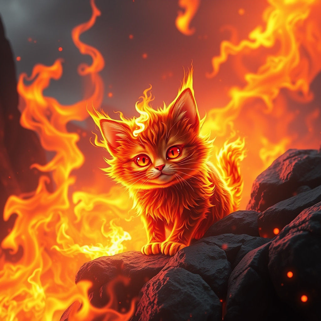 Fiery Kitty in a Volcanic Landscape: Fantasy Art