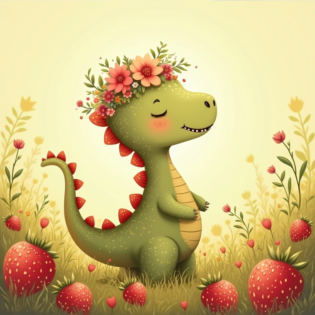 Dinosaur in Floral Crown Plays in Strawberry Field