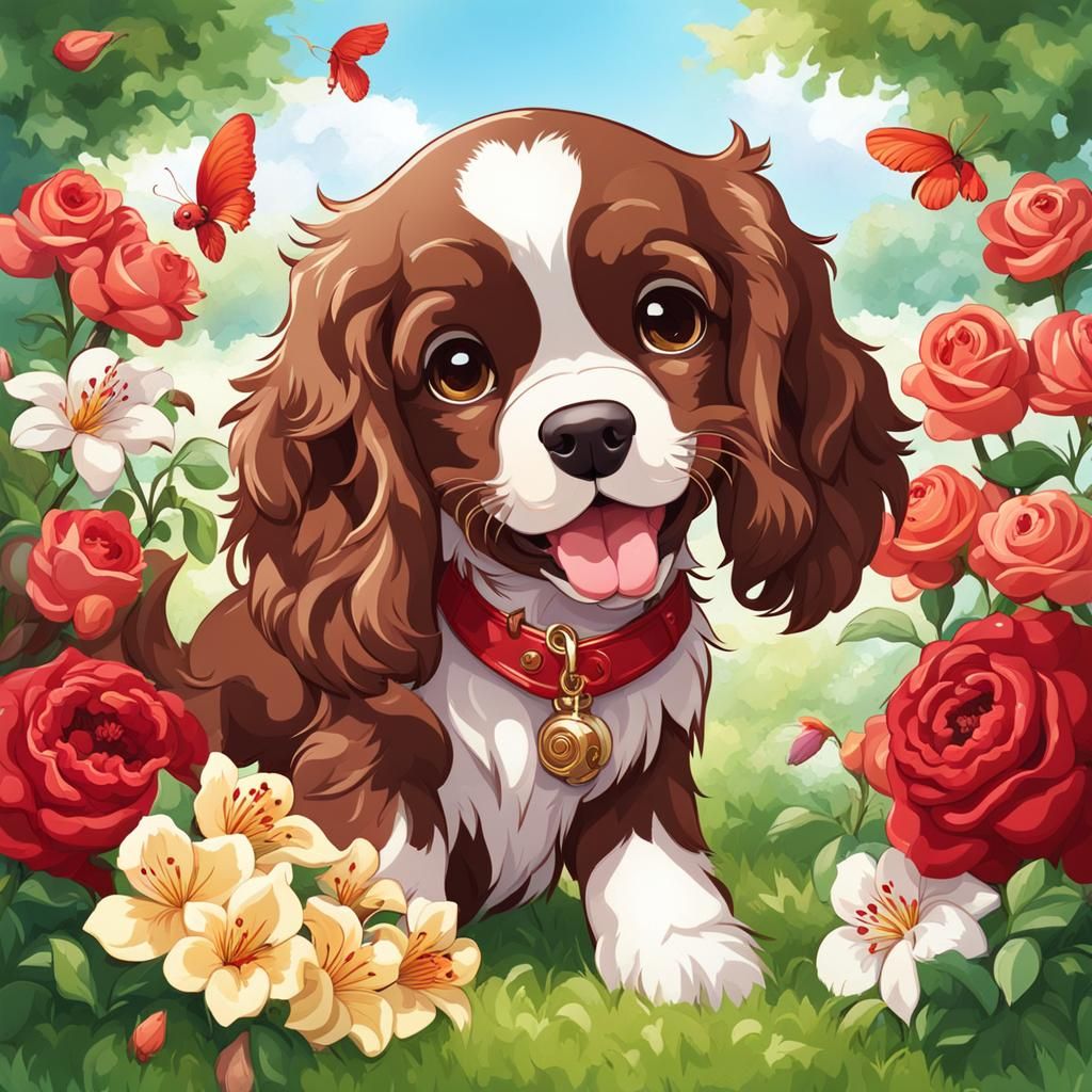 Chibi Boy with Cocker Spaniels in Rose Garden