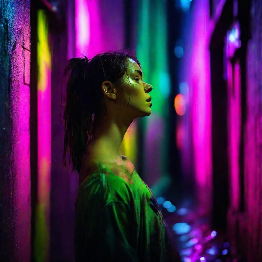 Eerie Alleyway: Woman in Moody Neon Street Art