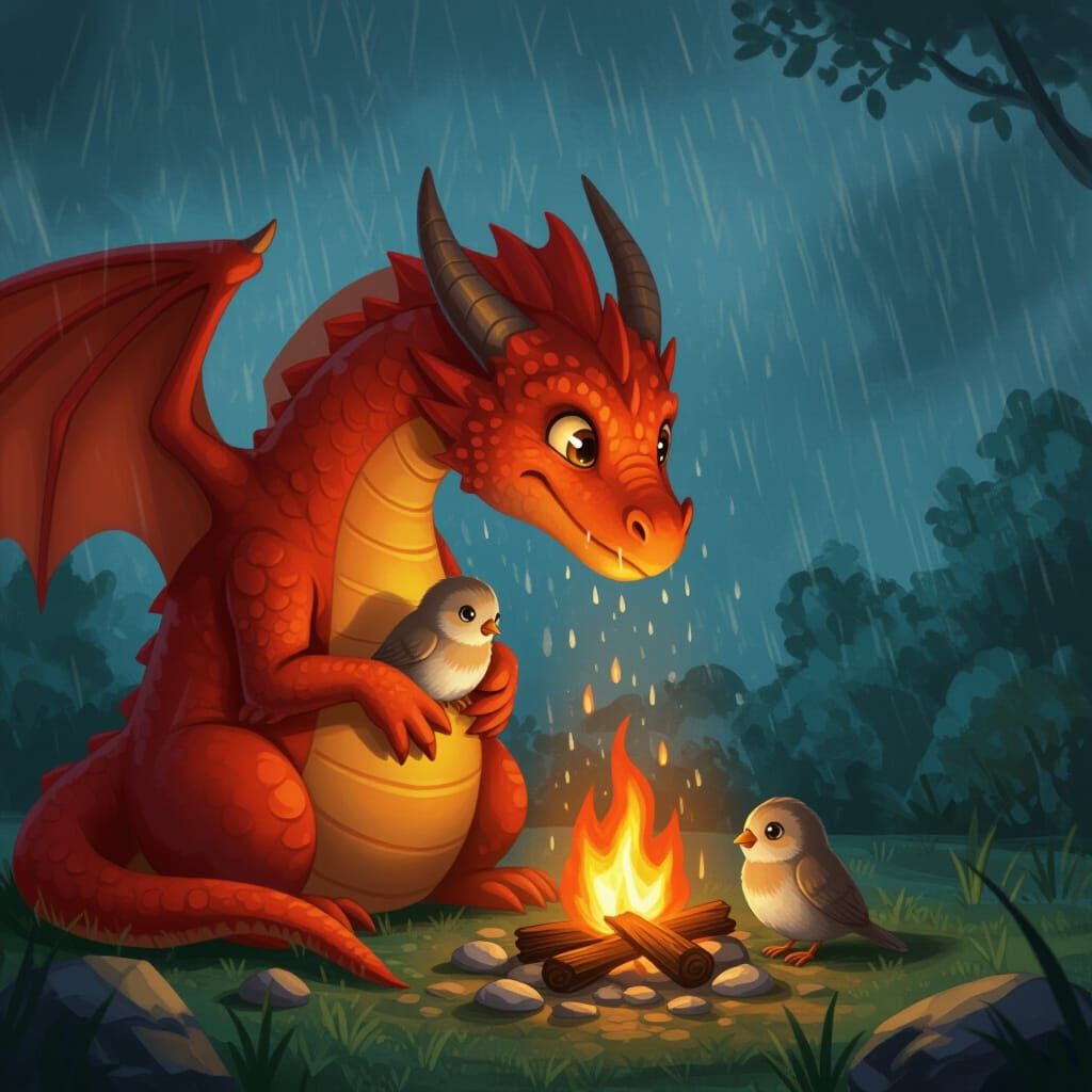 Dragon Protects Baby Birds and Fire from Rain
