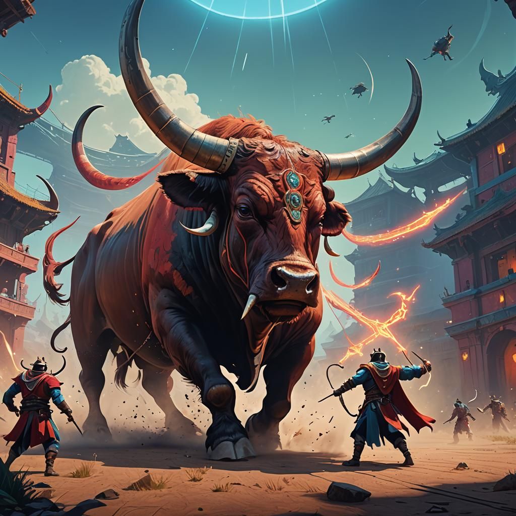 Matador Dodging Bull in Bioluminescent Arena