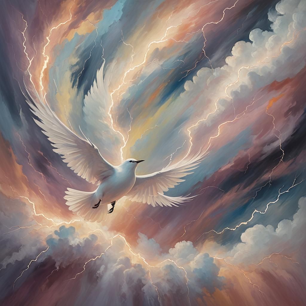 Ethereal White Bird in Electric Dreamscape as Oil Painting