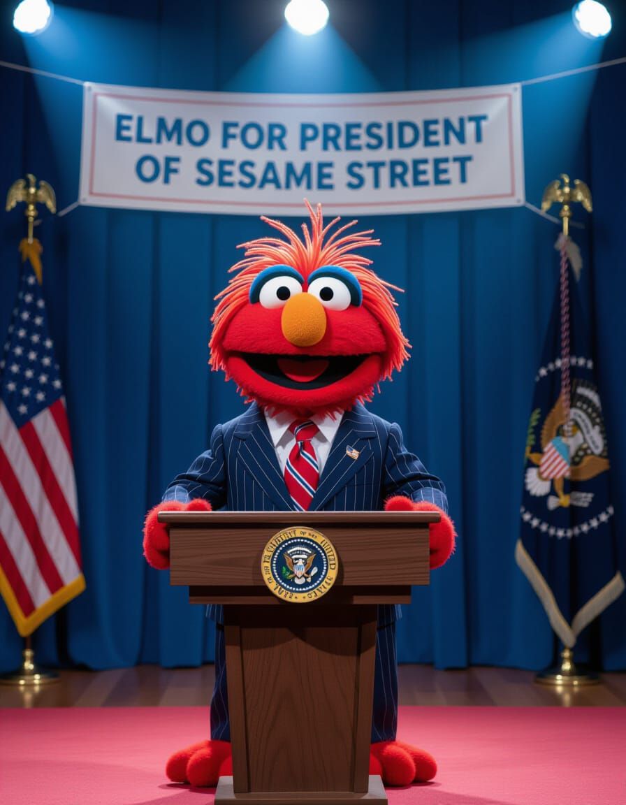 Elmo as President of Sesame Street in Photorealistic Caricat...