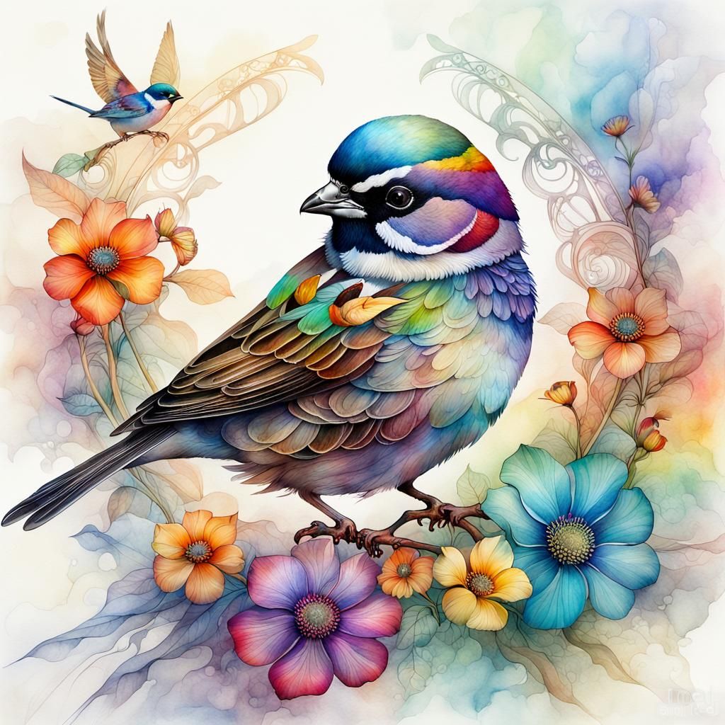 Rainbow Sparrow in Art Nouveau Style