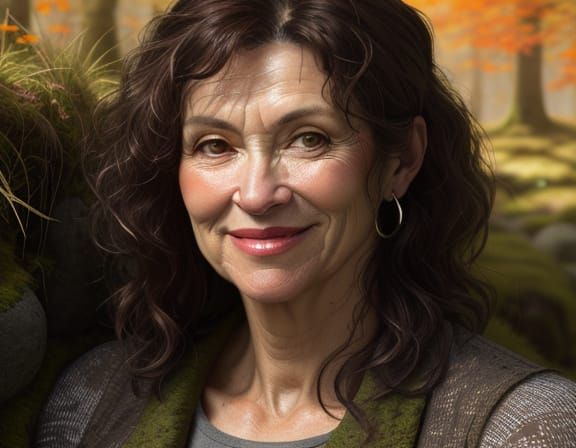 Middle-Aged Woman Basking in Fall Sun, Rembrandt Style Portr...