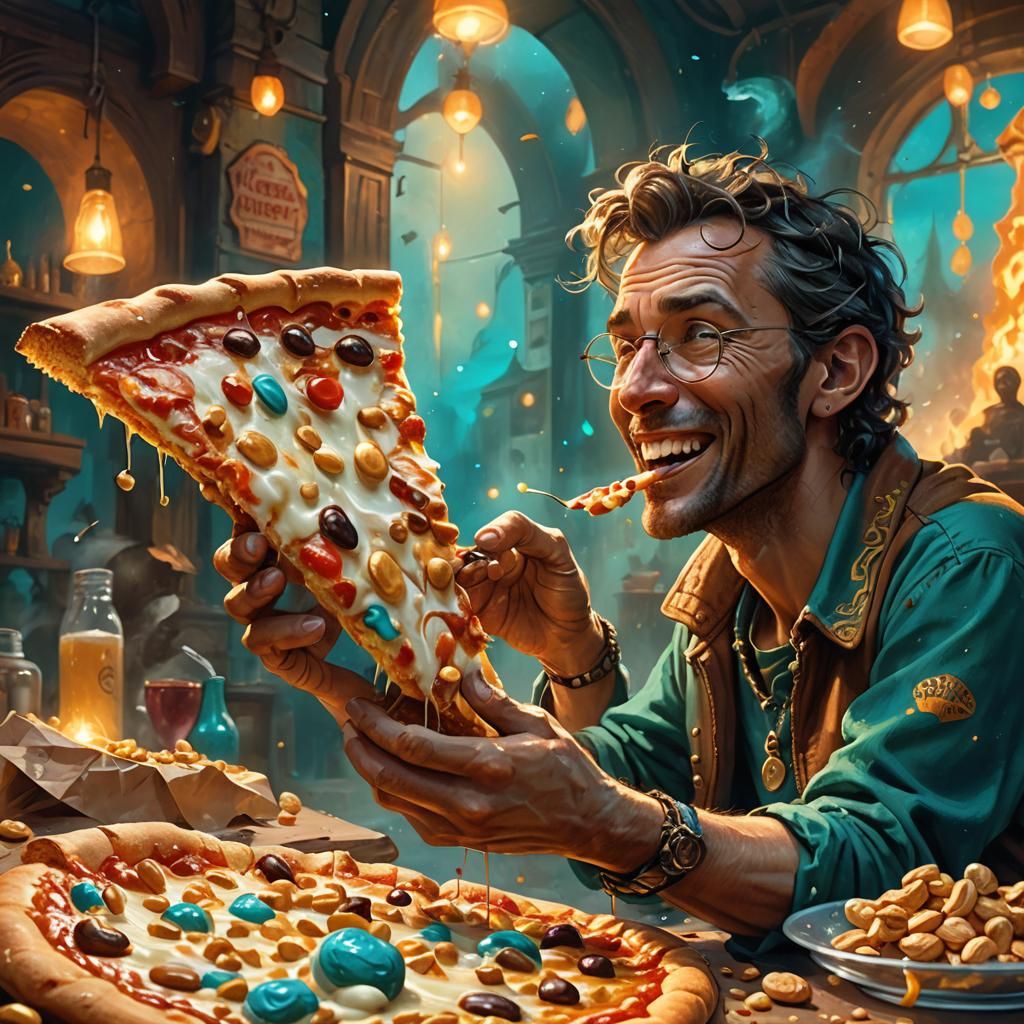 Boy Enjoys Cream Pizza in Dreamlike Fantasy Art
