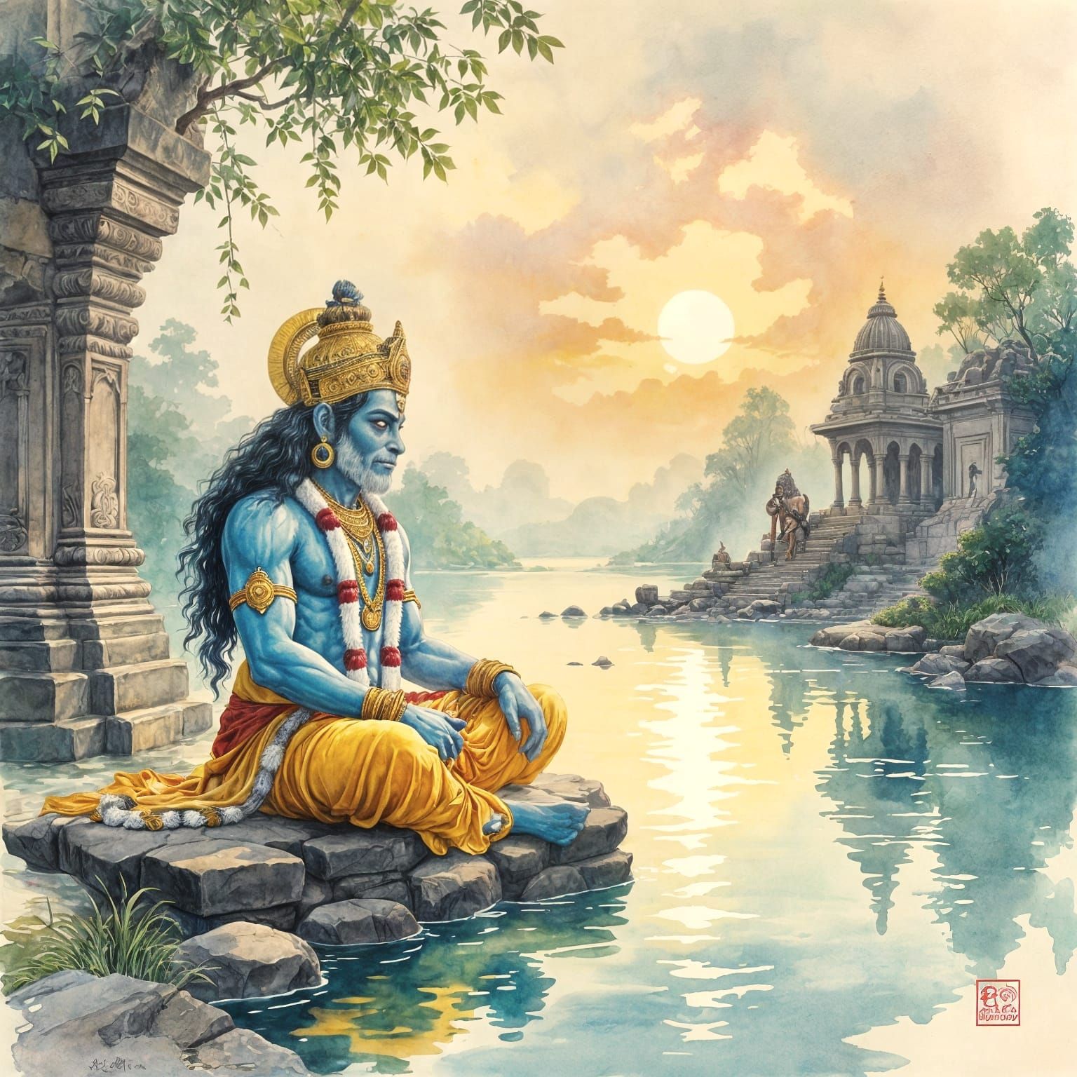 Mystical Hanuman in Serene Watercolor by River