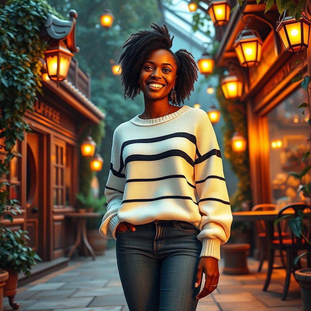 African Model Smiling in Front of Coffee Shop