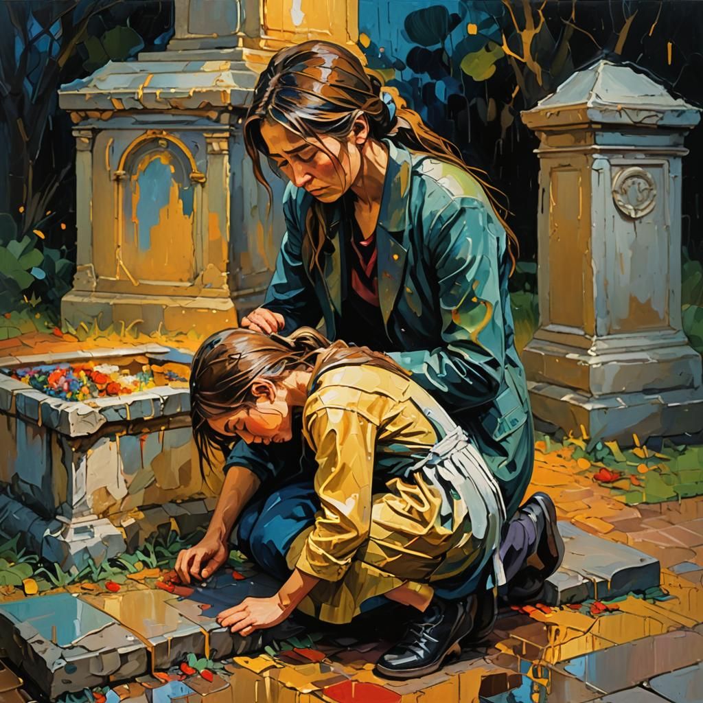 Expressionist Painting of Girl Mourning by Mother's Grave