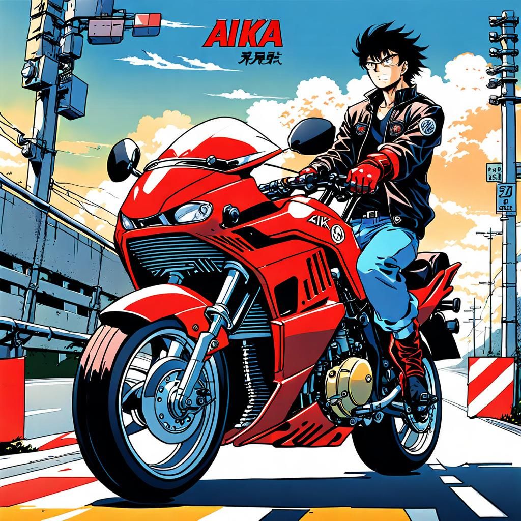 Akira and Motorbike on Japanese Highway: Anime Style