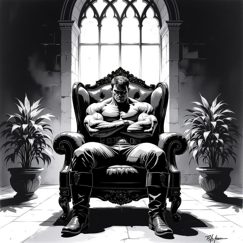 Dramatic Black and White Drawing of Muscular Man in Castle