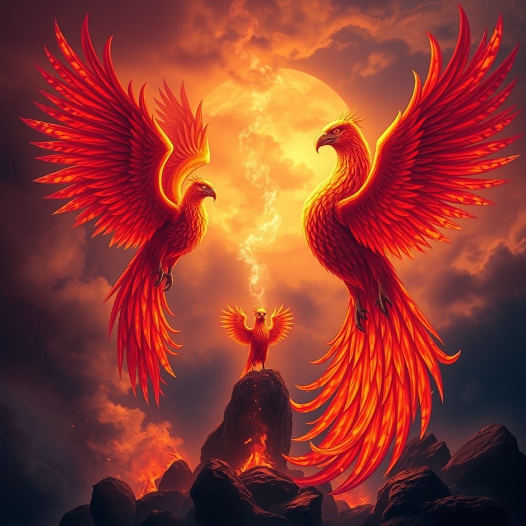 Phoenix Family in Mystical Twilight Sky