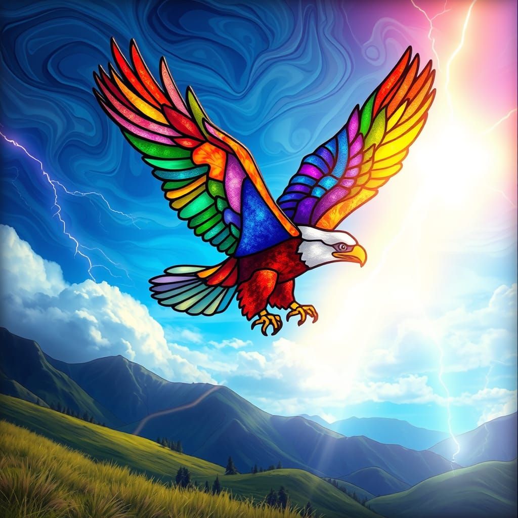 Iridescent Stained Glass Eagle Soaring Through Rainbow Sky