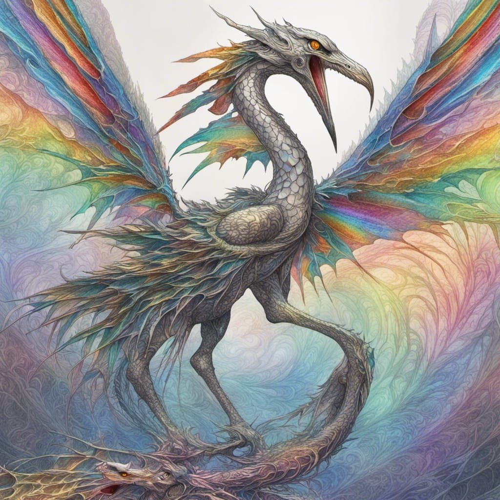 Rainbow Stork-Dragon Mother and Baby in Cyberpunk Style