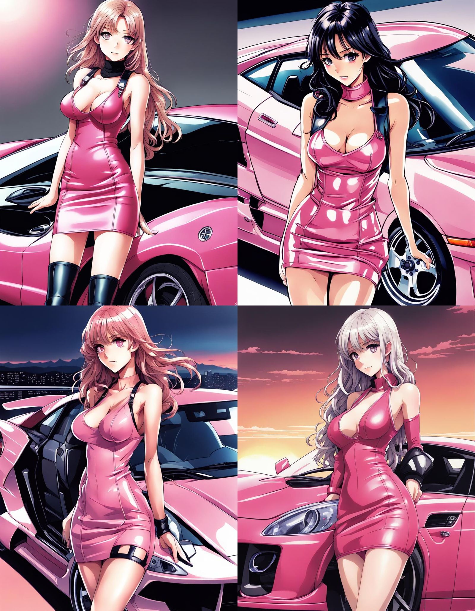 Anime Style Girl with Sports Car at Sunrise