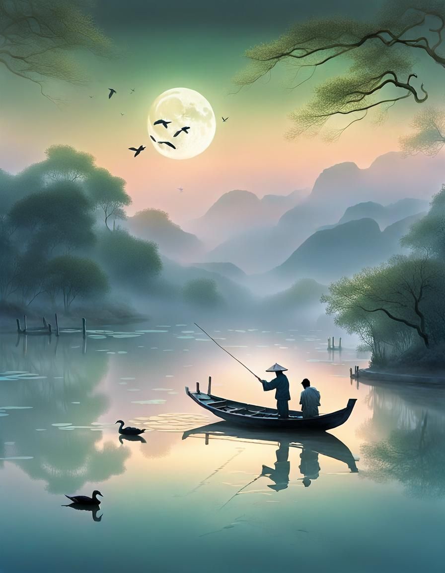 Ethereal Chinese Fisherman on Misty Lake