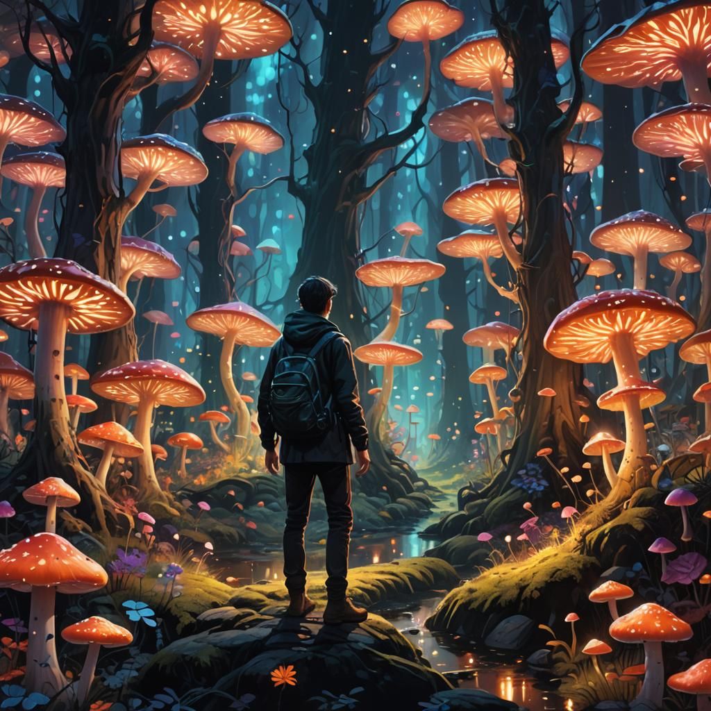 Glowing Mushrooms Light Enchanted Forest: Fantasy Illustrati...