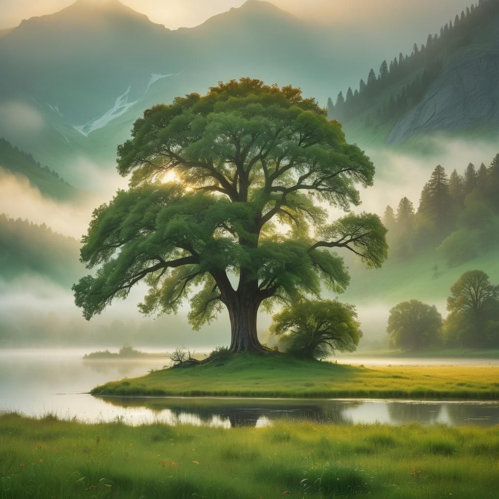 Majestic Meadow Landscape at Dawn in Golden Light