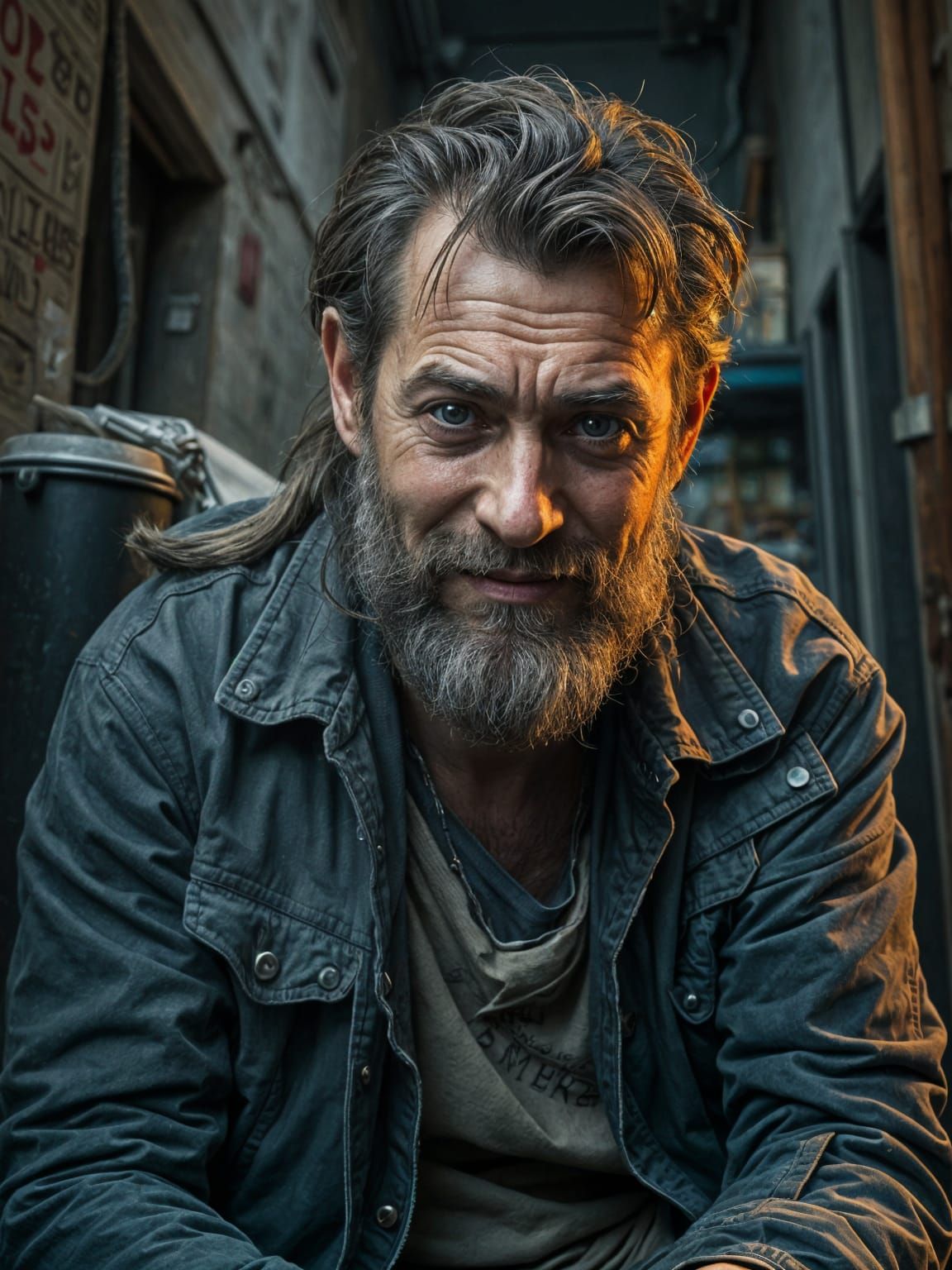 Hyperrealistic Hobo with Black Eye and Wry Smile