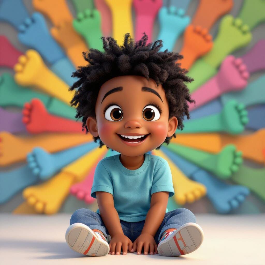 Joyful Child Amidst Colorful Cartoon Feet