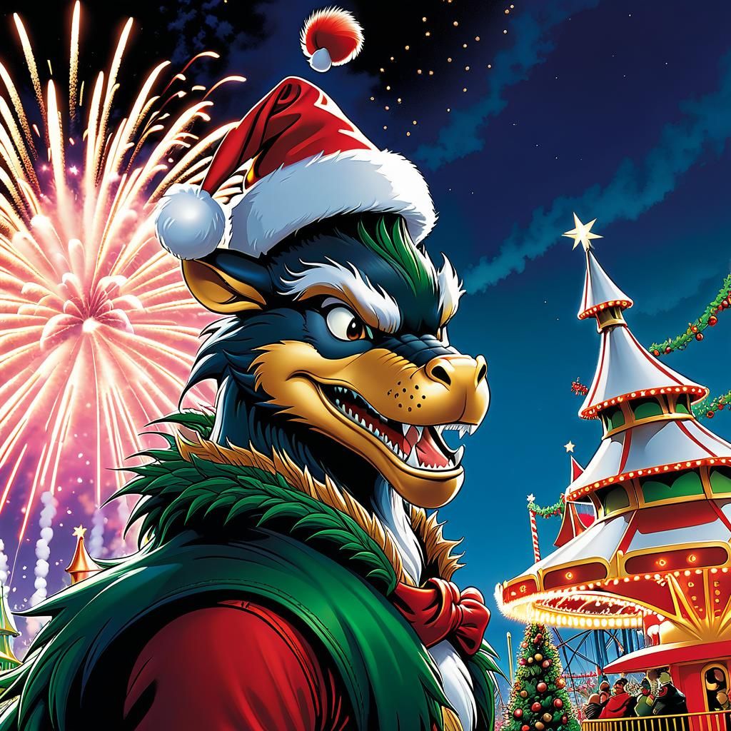 Furry Dragon wearing a Christmas hat
