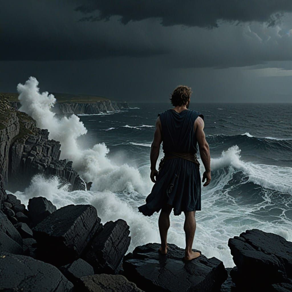 Odysseus Gazes at Stormy Sea: Cinematic Still