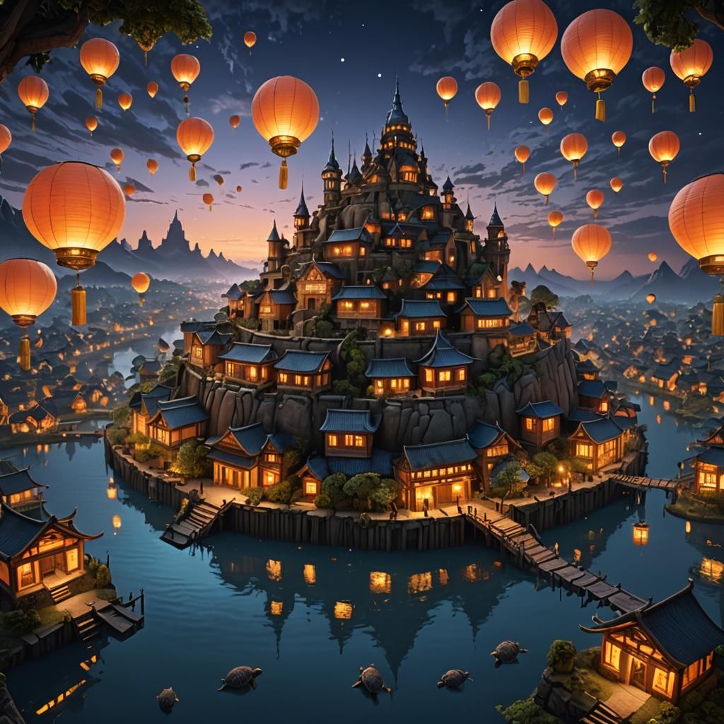 Labyrinthine Turtle City at Twilight: Fantasy Concept Art