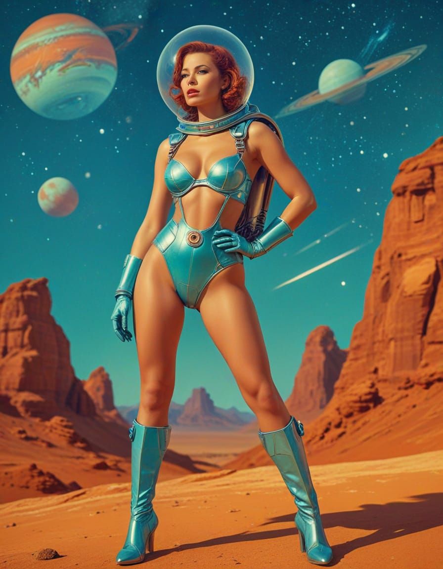 Retro Sci-Fi Pinup Girl on Mars in Serge Marshennikov Style