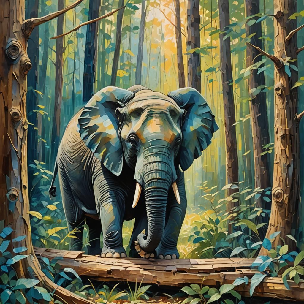 Elephant Breaks Through Forest: Impasto Gouache Painting
