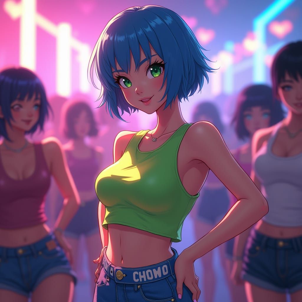 Anime-Style Young Woman Dancing in Party Room