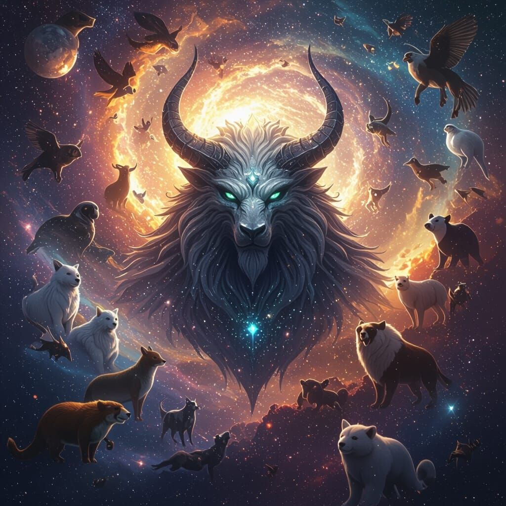 Majestic Creature in Glittering Galaxy with Animals