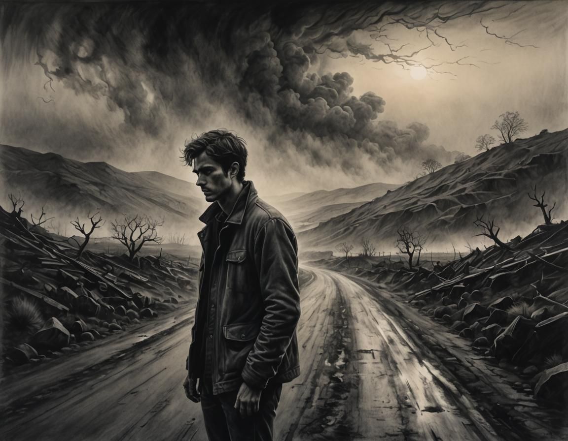 Desolate Charcoal Landscape with Young Man