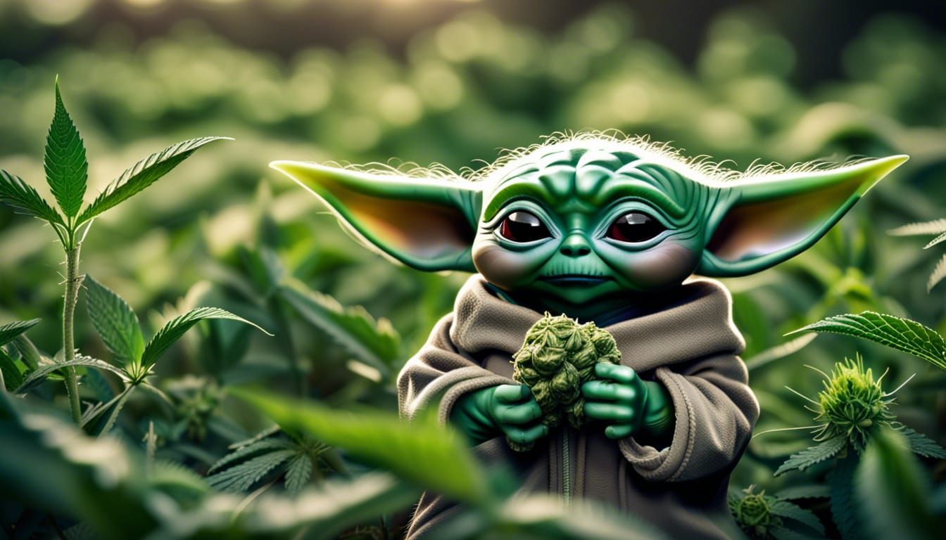 Happy Baby Yoda in Marijuana Field