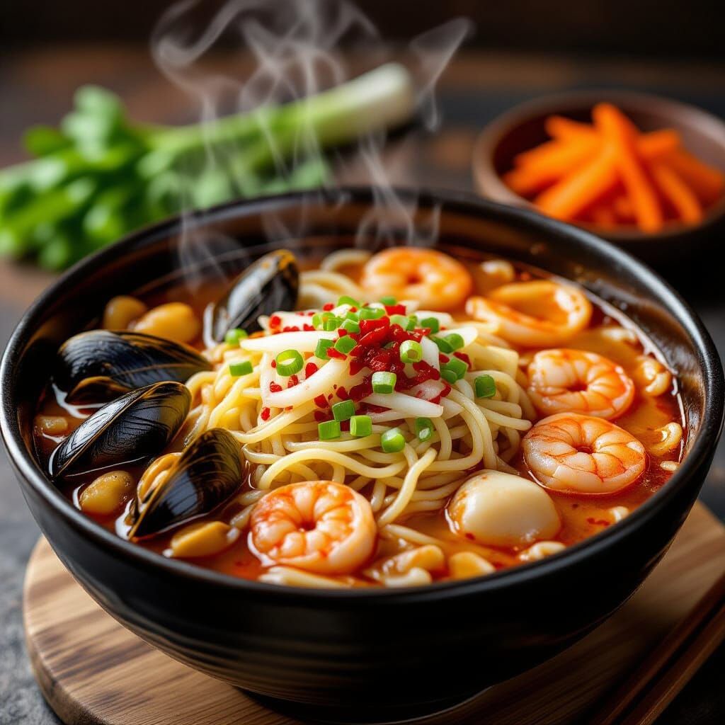 Fiery Red Jjamppong Noodle Soup in Photorealistic Style