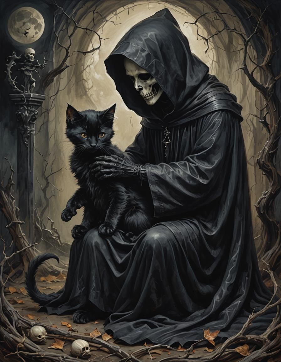 Grim Reaper Petting Kitten in Dark Surreal Style