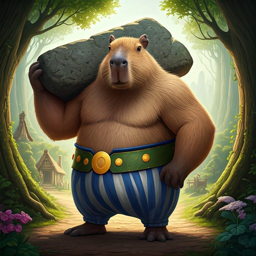 Muscular Capybara as Obelix in Vibrant Gallic Forest