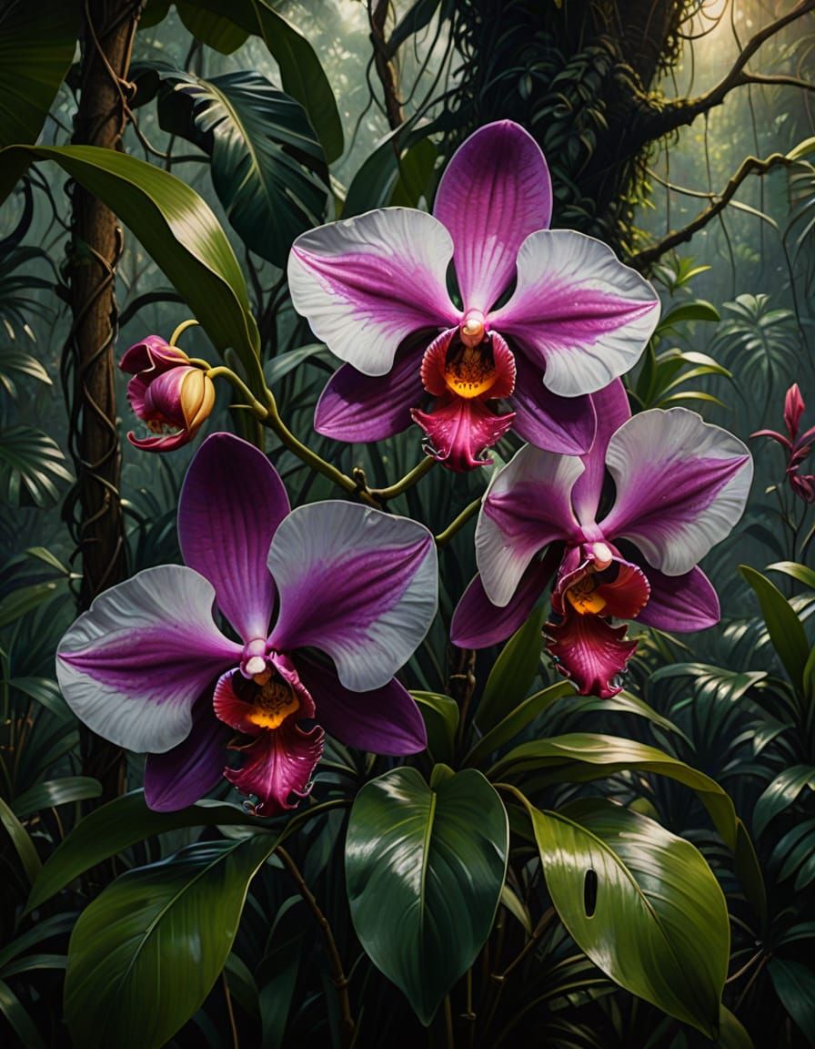 Lush Tropical Flowers in Dark Forest Oil Painting