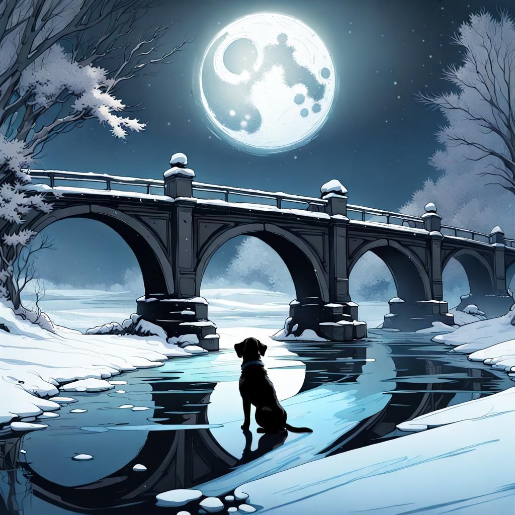 Frozen Puppy on Moonlit Bridge, 3D Render