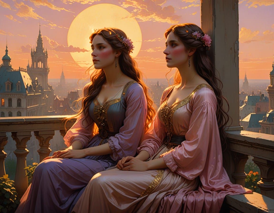Two Women on Balcony Under Glowing Skies in Cinematic Style