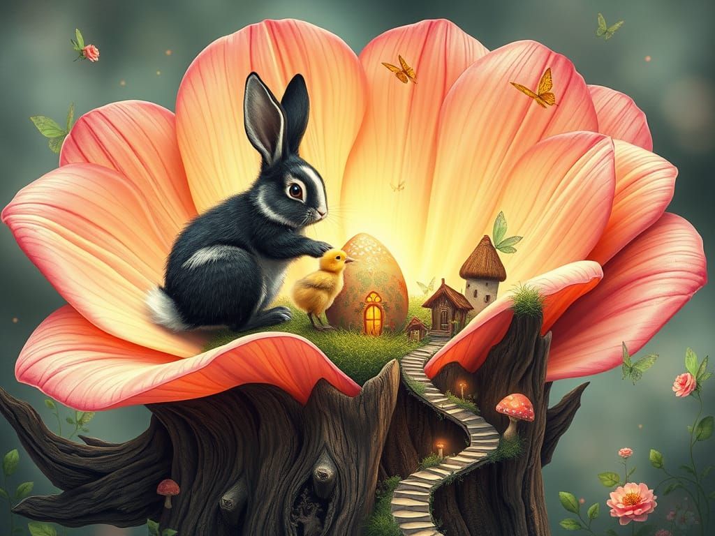 Enchanted Fairy Village in a Giant Rose, Charcoal Drawing