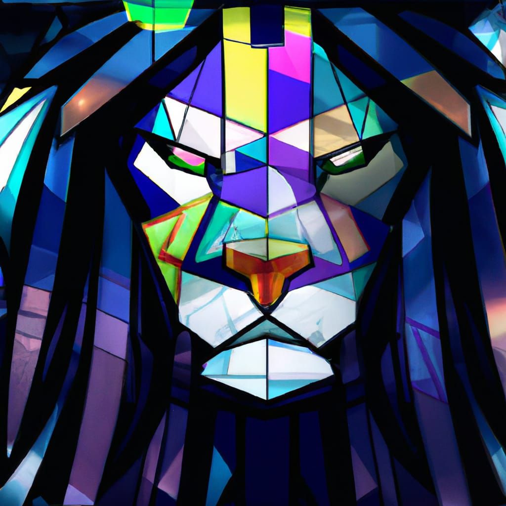 Abstract Cubist Lion Portrait in Anime Style