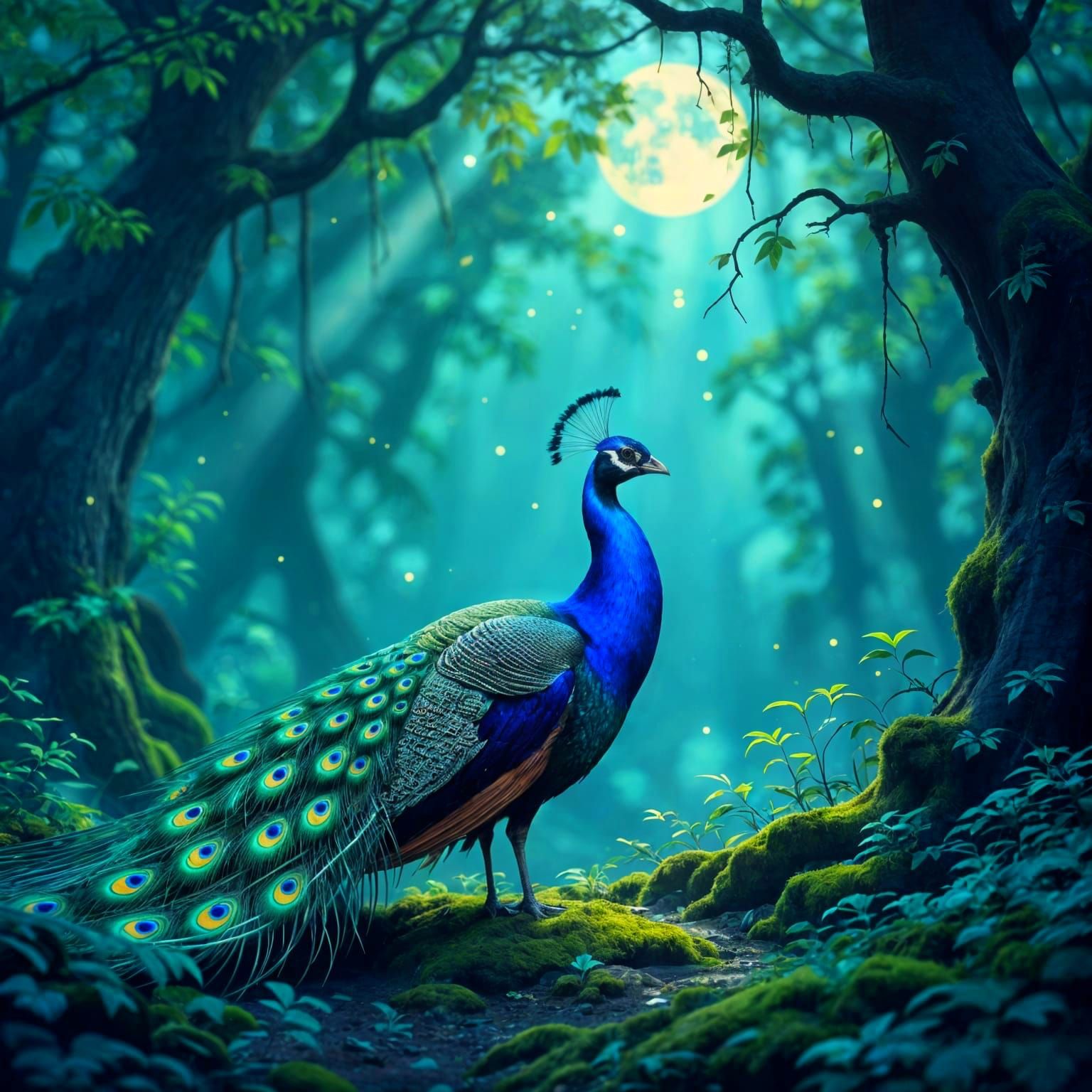Majestic Peacock in Bioluminescent Forest