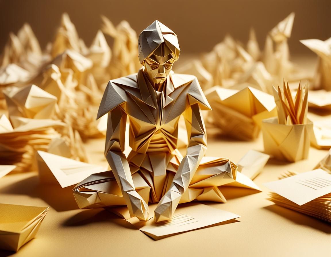 Intricate Origami Posthuman Figure in Papercraft Style