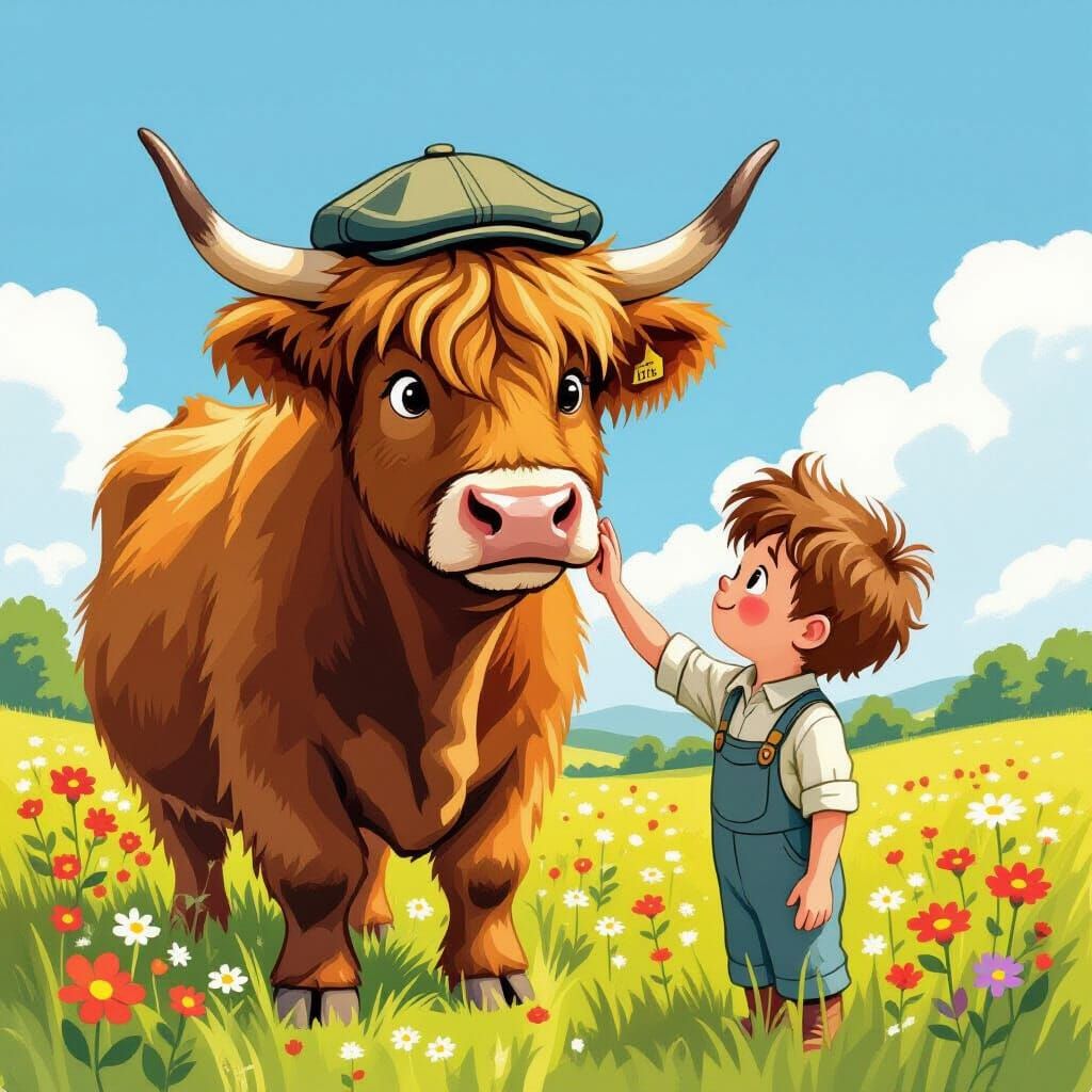 Charming Highland Cow and Boy in Scottish Meadow