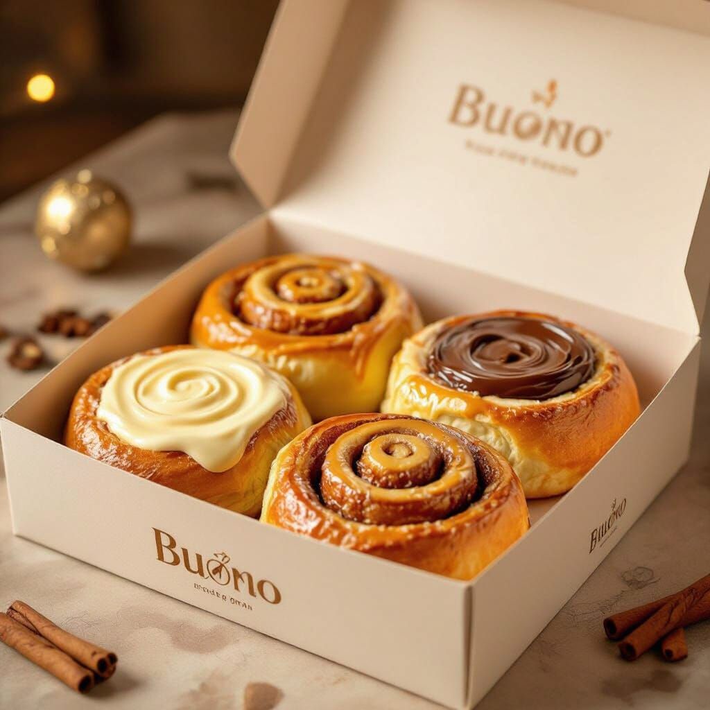 Gourmet Cinnamon Rolls in Box, Golden Lighting Style